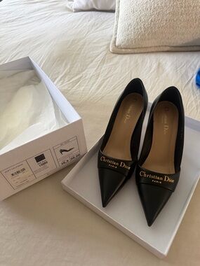 Dior Black Pointed Toe Pumps with Gold Christian Dior Logo
